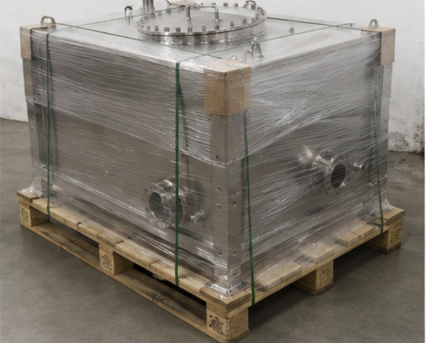Stainless-steel process tank packed on a pallet, ready for dispatch