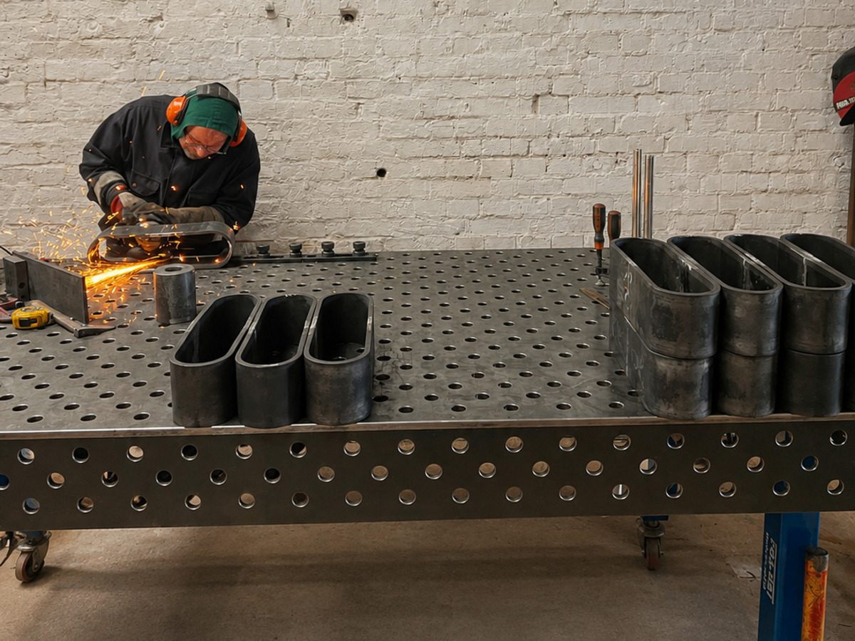Operator grinding and finishing stainless-steel components at a fixture table